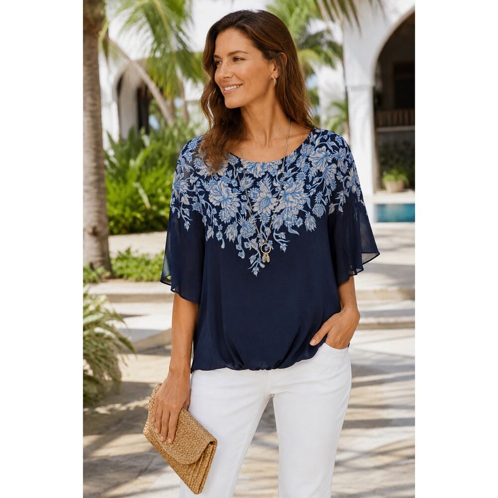 JM Collection Navy Floral Blouse XL Embellished Necklace Flutter Sleeve Top